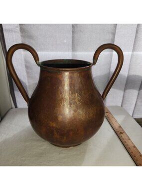 Antique Hand-Hammered Copper Amphora Vase With Double Handles & Aged Patina 8.5"